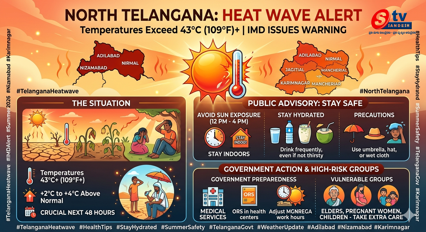 ఉత్తర తెలంగాణకు 'హీట్ వేవ్' హెచ్చరిక: 43 డిగ్రీలు దాటుతున్న ఎండలు.. ప్రజలకు వాతావరణ శాఖ కీలక సూచనలు!